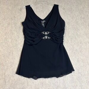 Bisou Bisou Top Wmns 6 Black Polyester Chiffon Rhinestone Buckle Y2K Chic Blouse